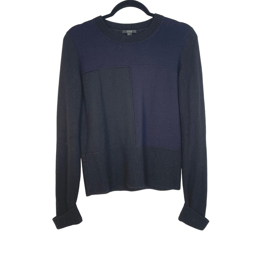 COS Women's Black Navy Colorblock Wool Crew Neck Sweater Size Small